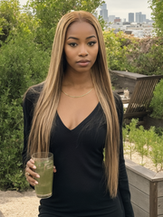 [24"=$159] Put On And Go 6x4.5 Pre Cut Lace with Baby Hair Honey Blonde Highlights Straight Hair Air Wig