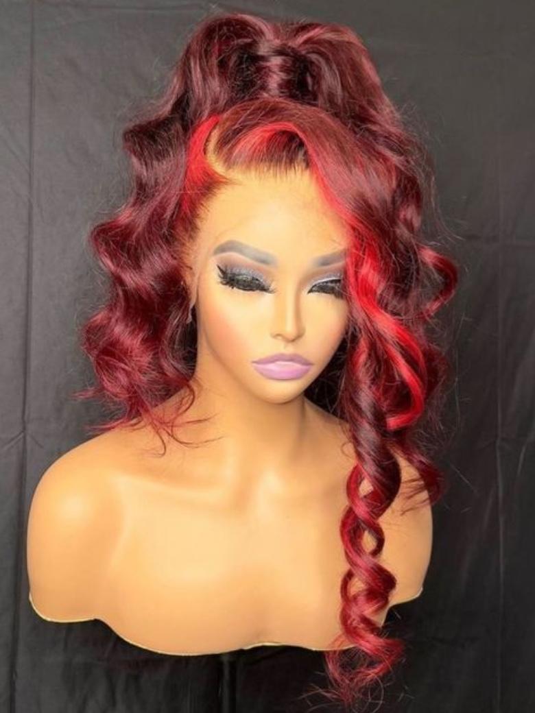 200% Density 13x4 Lace Front Dark Brick Red Ombre Loose Wave Wig