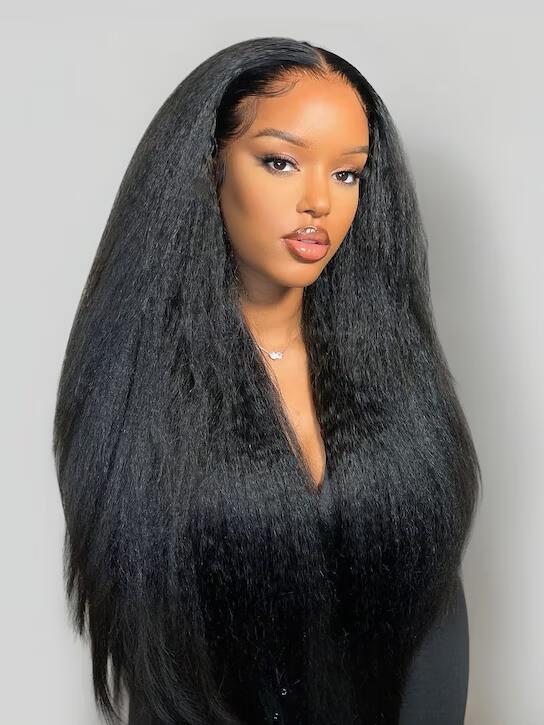 Petaluxe [22''=$99] Lace Part Kinky Straight Natural Black Pre-plucked Human Hair Wigs Breathable No Baby Hair 150% Density