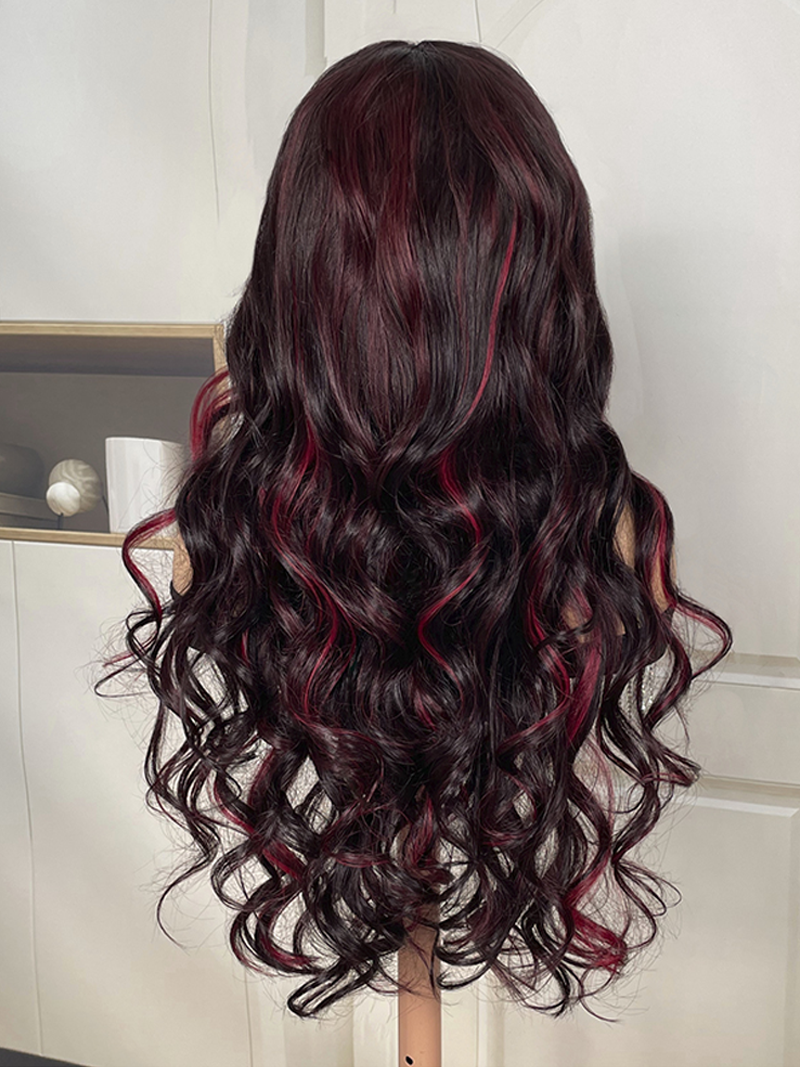 [20'=$124] Dark Burgundy With Rose Red Highlights 13x4 Transparent Lace Front Loose Wave Wig 150% Density