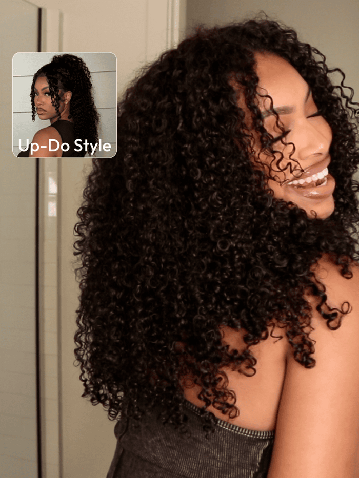 Petaluxe EasiContour? V Part Minimal Leave Out Glueless Curly Glueless Wig With Invisi Drawstring 100% Human Hair