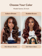 100% Human Hair Glueless Auburn Brown 13x4 Pre-Everything? & Reddish Brown 7x5 Bye-Bye Slip? Lace Frontal Loose Wave Wig with Invisi Drawstring & Face Framing Layers 150% Density