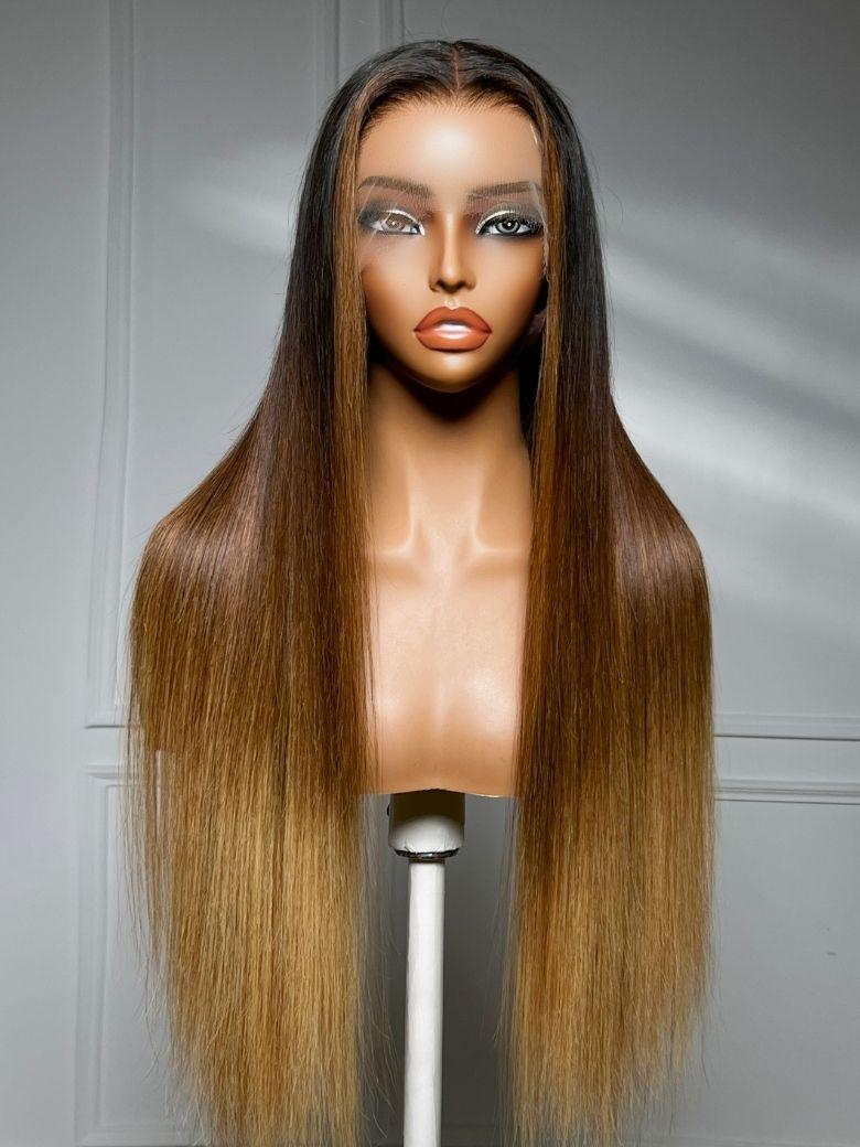 360 HD Lace Pre-plucked Luxury Raw Virgin Hair Brown to Honey Blonde Ombre Silky Straight Wig with Dark Roots
