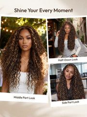 Rich & Radiant 100% Human Hair Bye-Bye Knots? 7x5 Lace Dark Toffee Brown with Auburn Highlights Water Wave Wig with Invisi Drawstring