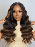 Petaluxe 7x5 Bye Bye Knots Wig Lace Black to Chestnut Brown Ombre Loose Wave Wig With Bleached Knots 150% Density