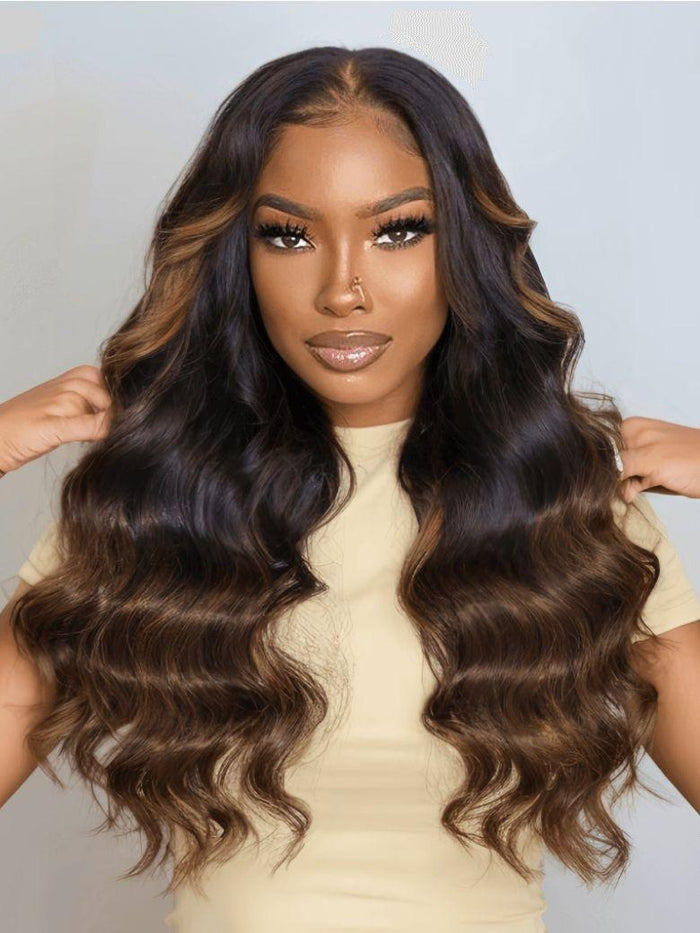 Petaluxe Bye Bye Knots Wig 7x5 Lace Black to Chestnut Brown Ombre Loose Wave Wig With Bleached Knots 150% Density