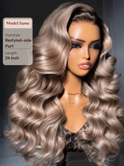 Ash Blonde With Brown Roots No Slip 13x4 Pre-Everything? Lace Frontal Body Wave Wig with Invisi Drawstring