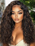 Petaluxe 7x5 Bye-Bye Slip Lace Water Wave Black Wig With Golden Brown Highlights 150% Density Perfect Beach