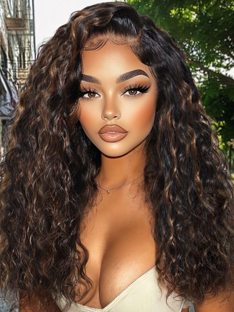 7x5 Bye-Bye Slip Lace Water Wave Black Wig With Golden Brown Highlights 150% Density Perfect Beach