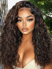 7x5 Bye-Bye Slip Lace Water Wave Black Wig With Golden Brown Highlights 150% Density Perfect Beach