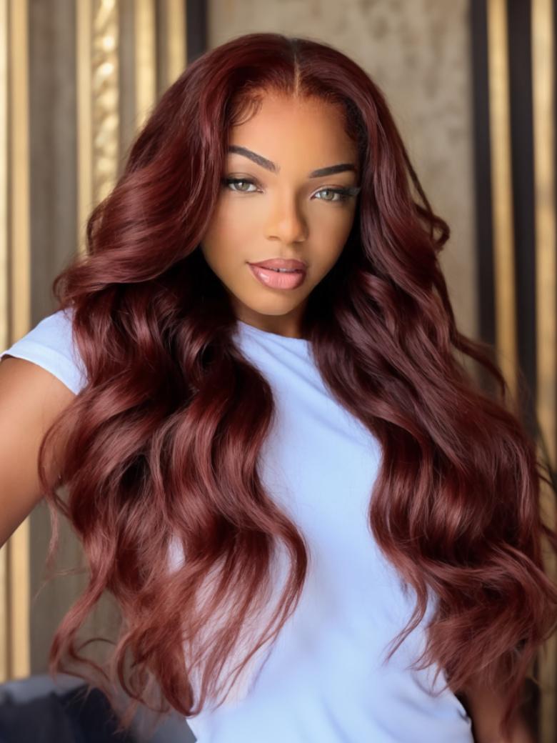 7x5 Bye Bye Slip Wig Glueless Lace 150% density Flattering Sun-Kissed Warm Tones Reddish Brown Body Wave Bleached Knots Drawstring Wig