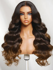 13x4 Pre-Everything? Lace Frontal Honey Brown Loose Wave Drawstring Wig with Golden Blonde Face Framing Layers