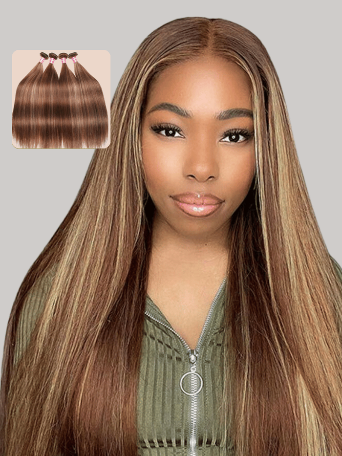 Petaluxe Colored Balayage Highlights Hair Weave Straight Virgin Hair 4 Bundles TL412