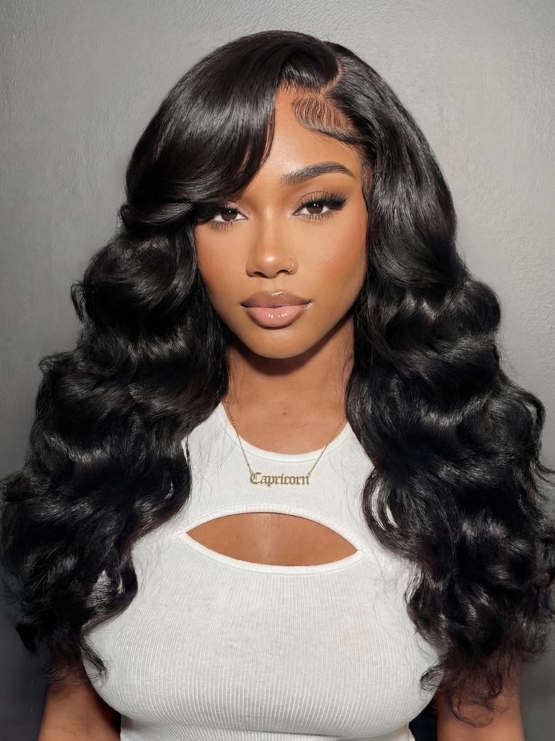 200% Density Bye-Bye Knots? 7x5 Lace Loose Curls Feathered Cut Wigs with Side Swept Bangs & Invisi Drawstring