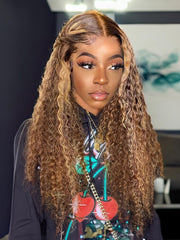 Lace Front Honey Blonde Money Piece Highlight Curly Human Hair Wigs