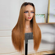 5x5 HD Lace Light Auburn Straight Wig With Dark Roots Human Hair Wig 180% Density