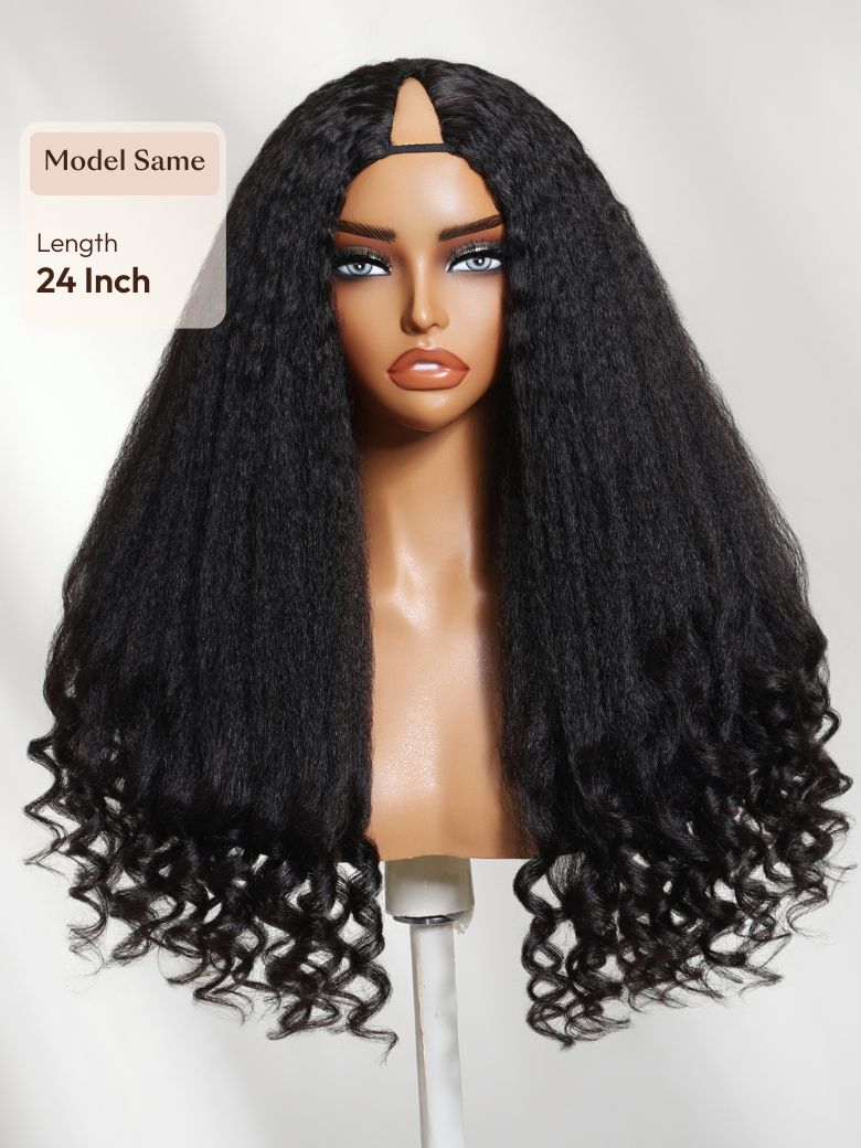 [18"=$99] EasiContour? V Part Glueless Yaki Straight Natural Black Wig With Invisi Drawstring 100% Human Hair 180% Density