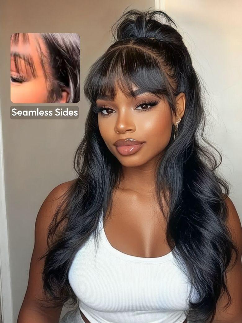 [Hottest New Arrival] 13x4 Pre-Everything Lace Frontal Black Fluffy Natural Loose Wave Curtain Bangs Wig