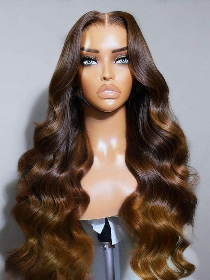 Petaluxe 13x4 Pre-Everything? Lace Frontal Dark to Light Brown Ombre Body Wave Wig with Drawstring