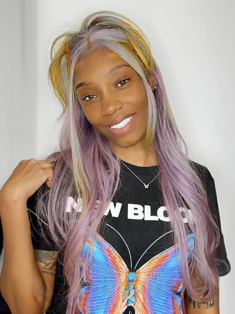 13x4 Lace Front Rainbow Color On Lavender Hair Wavy Wig