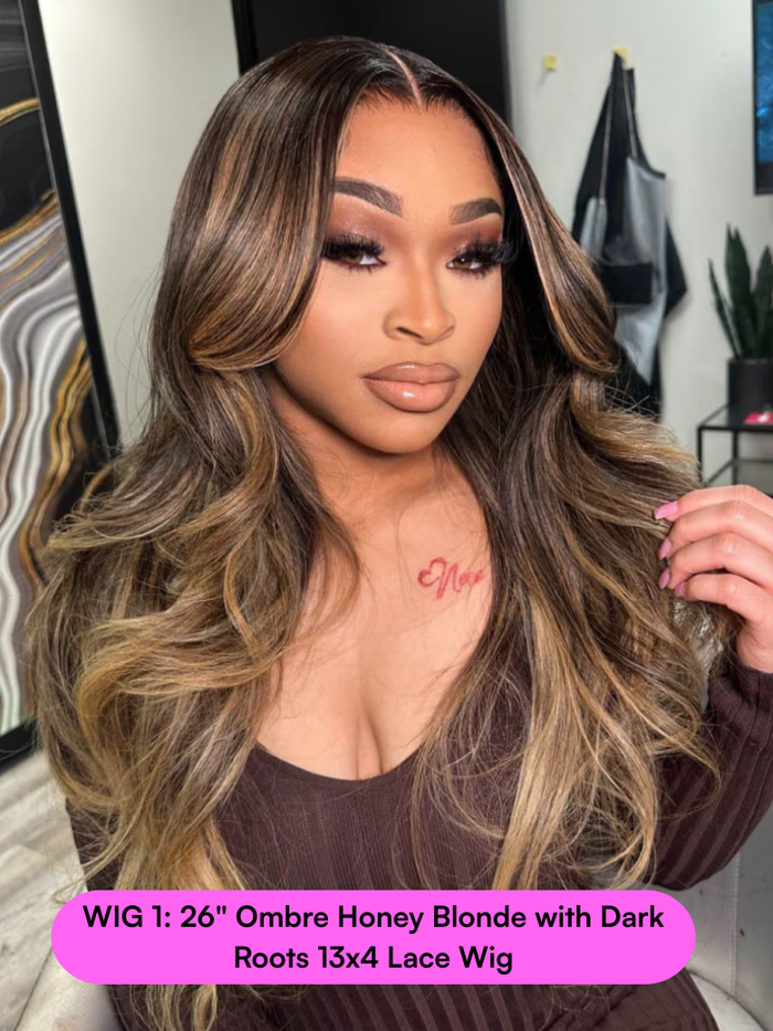 Petaluxe 26" Ombre Honey Blonde with Dark Roots 13x4 Lace Wig Or 24" Black Fluffy Natural Loose Wave Curtain Bangs 13x4 Pre Everything Lace Wig