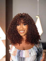 Glueless Dark Brown Curly Ombre Black Root Bob Wig With Bangs Machine Made Wig
