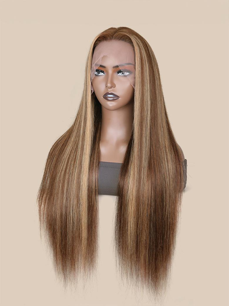 Honey Blonde Highlight Transparent Lace 13*4 150% Density Pre Plucked With Baby Hair Straight Human Hair Wigs