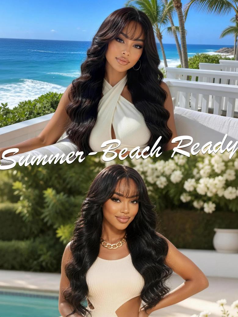 Long loose wavy black wig with curtain bangs styled for a summer beach look on a model.