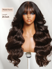 7x5 Bye-Bye Knots? & 13x4 Pre-Everything? & HD Lace Frontal Pull And Go Black Fluffy Natural & Balayage Highlights Loose Wave Wispy Bangs Wig