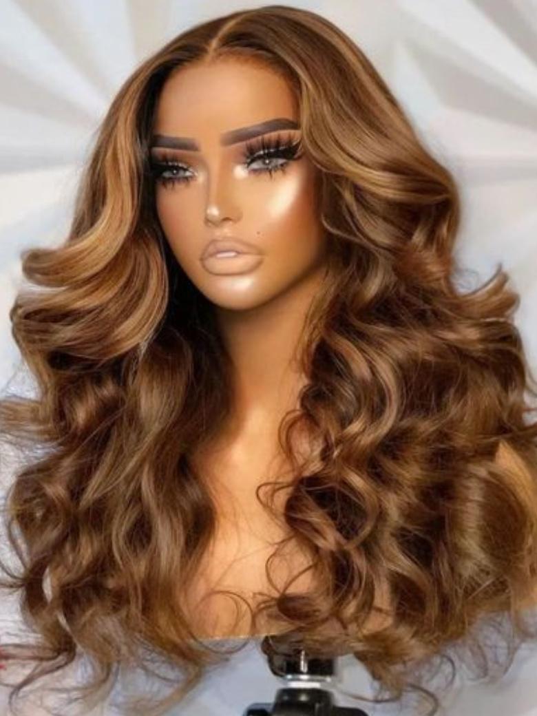 Put On And Go 6x4.5 Pre Cut Lace & 7x5 Bye Bye Knots Honey Blonde Highlights Body Wave Air Wig
