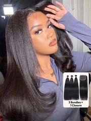 Natural Black 4x4 Lace Closure With 3Pcs Yaki Straight Bundles