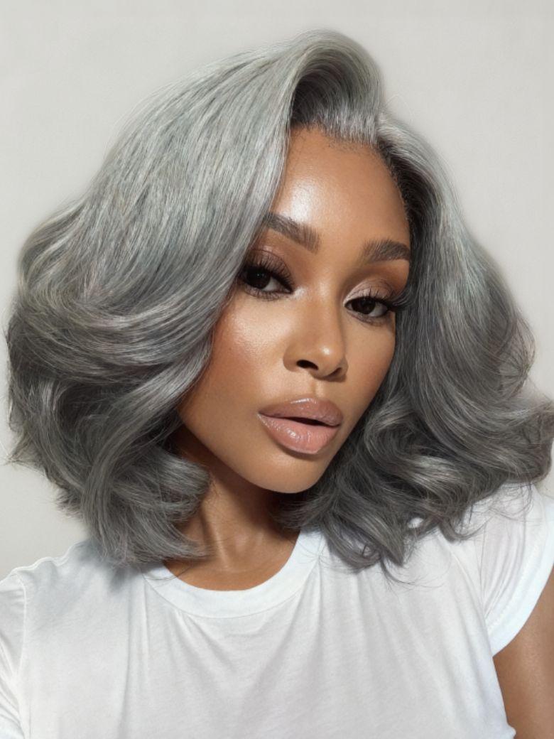 Boss-Vibe Salt and Pepper Blowout Layered Bob Glueless Wig 6.5x1.5 Side Part Lace