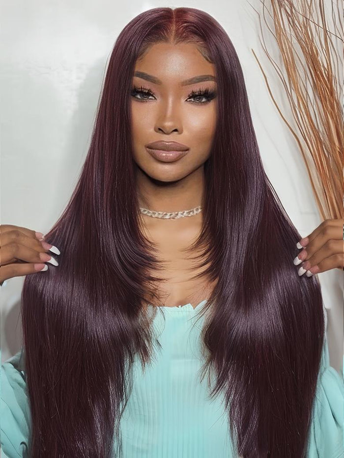 Petaluxe 13x4 Lace Frontal Black Cherry Layered Straight Pre-Everything Wig 150% Bouncy Density