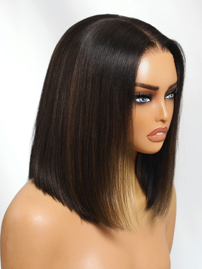Petaluxe Bye-Bye Knots? 7x5 Pre-cut Lace Natural Black with Caramel Brown Highlight Yaki Straight Bob Wig