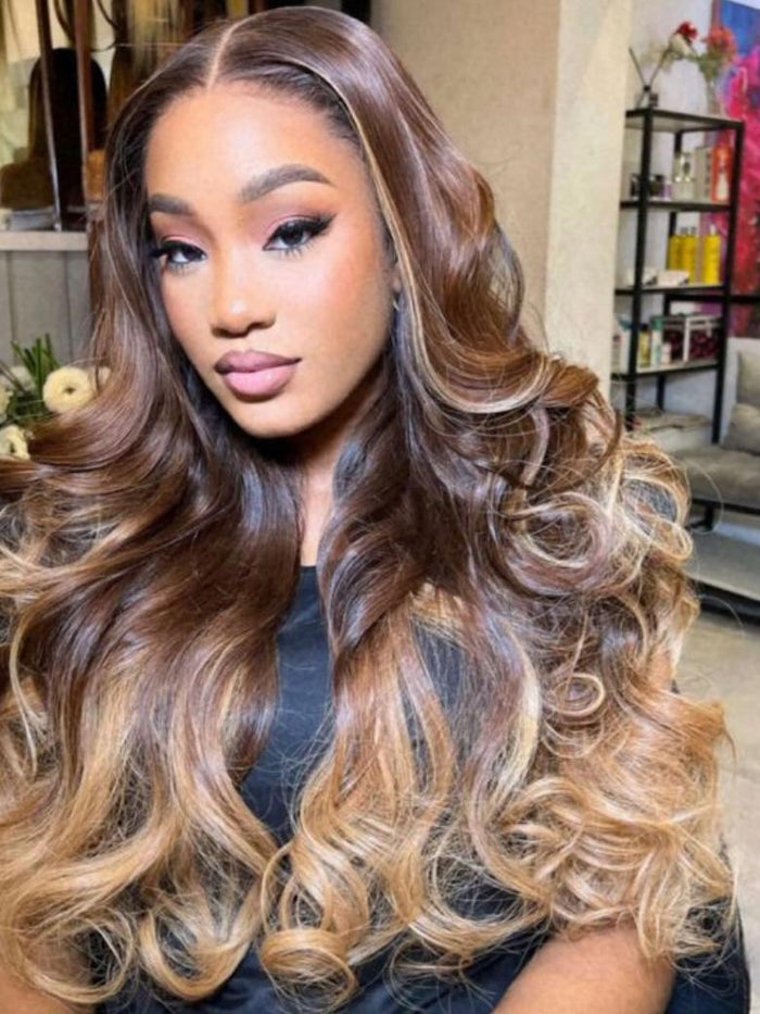 Petaluxe 24 Inch 13x4 Lace Front Chocolate Brown To Blonde Ombre Loose Wave Wig
