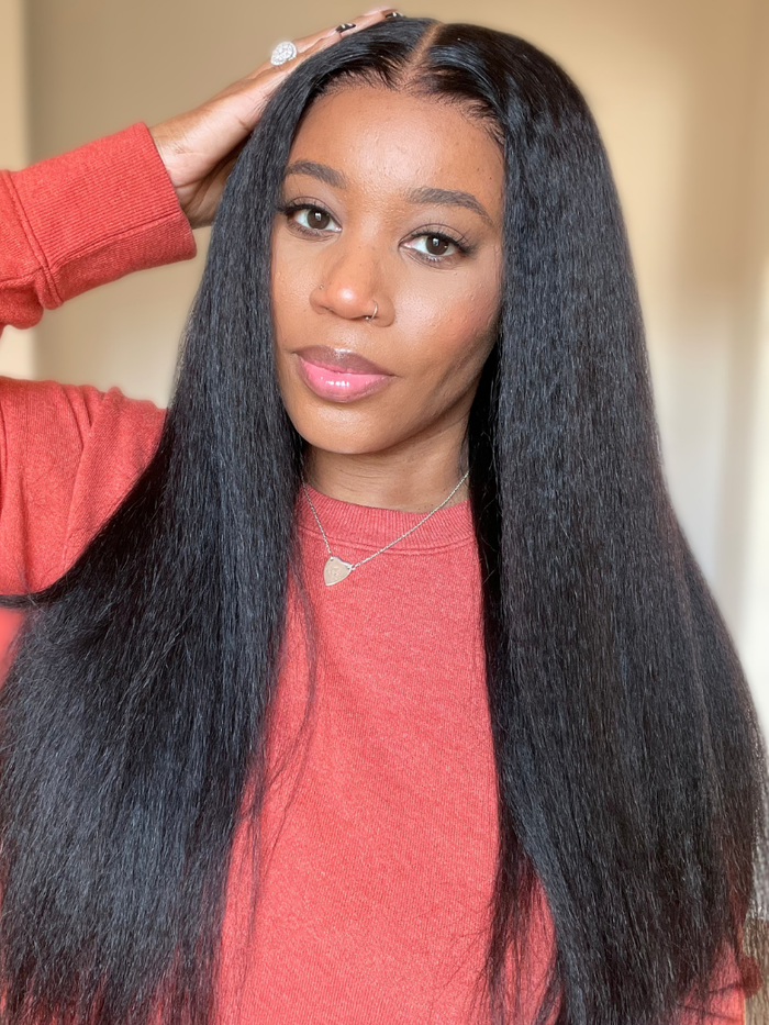 Petaluxe Bye Bye Knots 6x4.5 Pre Cut Lace Put On And Go Kinky Straight Black Air Wig 150% Density