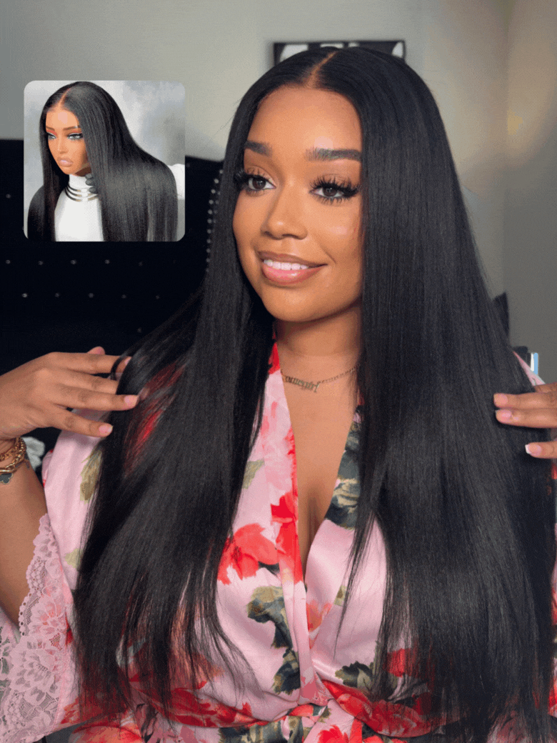 ByeBye Knots? Wig 7x5 Glueless Lace Black Yaki Straight Wig With Elastic Drawstring 360 Cozy Hug