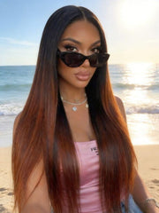 [18 Inch =$59] EasiContour? V Part Black to Reddish Brown Ombre Yaki Straight Wig
