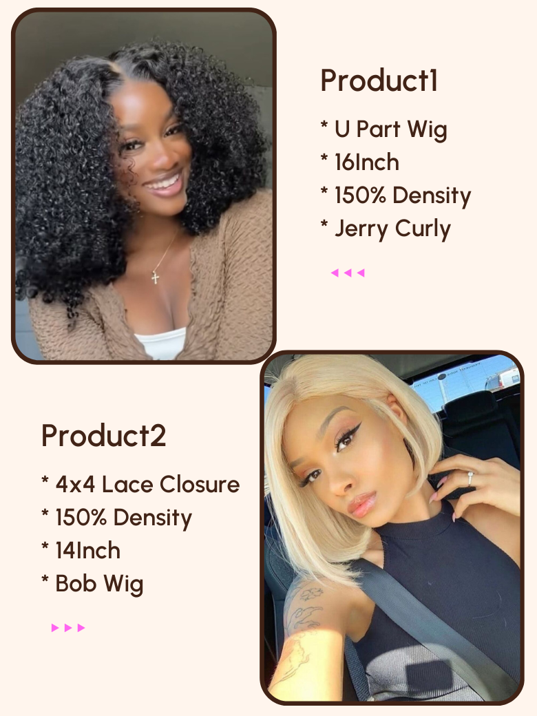 2 Wigs $107 for 16inch U Part Curly Wig and 14inch 4x4 Lace Closure Blonde Bob Wig