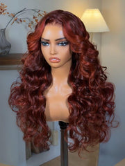 Bye-Bye Knots 7x5 Lace Loose Wave Red Orange Highlights Wig with Face Framing Layers 150% Density
