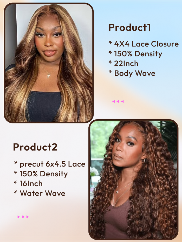 Petaluxe 2 Wigs $89 for 22" 4x4 Lace Closure Honey Blonde Body Wave and 16" Precut 6x4.5 Lace Piano Highlight Water Wave Wig
