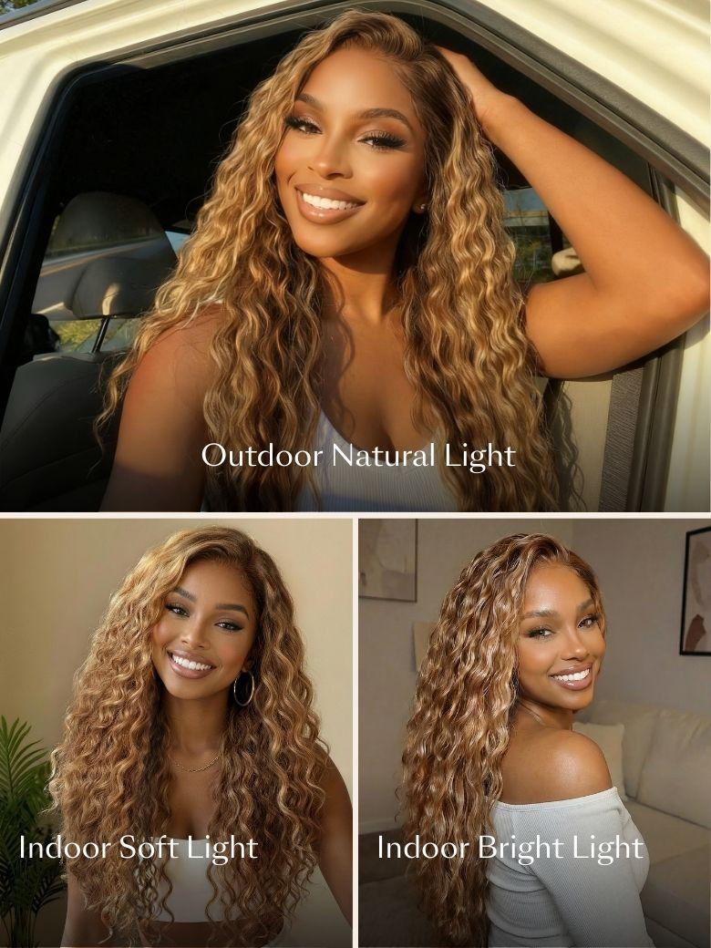13x4 Bye Bye Slip? Lace Frontal Caramel Brown With Honey Blonde Highlights Water Wave Glueless Drawstring Wig