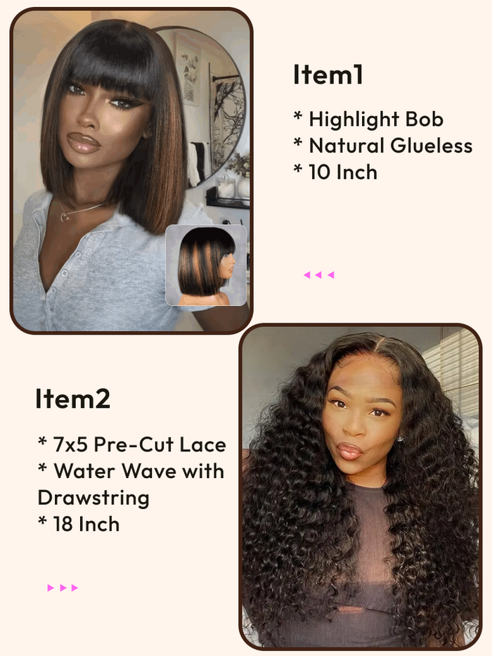Petaluxe 2 Wigs $195 for 7x5 Bye Bye Knots Water Wave 18" With Drawstring And Highlight Glueless Bob Wigs