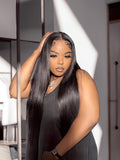 Petaluxe Put On And Go Glueless And Secure 5x5 Pre Cut Clear HD Lace 150% Density Glueless Straight Black Air Wig
