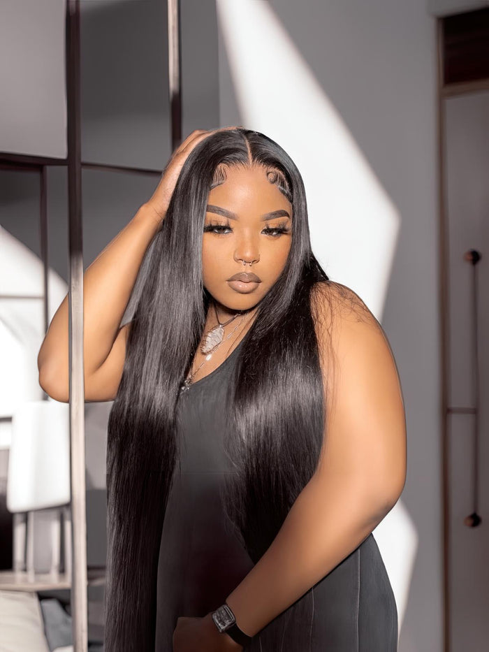 Petaluxe Put On And Go Glueless And Secure 5x5 Pre Cut Clear HD Lace 150% Density Glueless Straight Black Air Wig