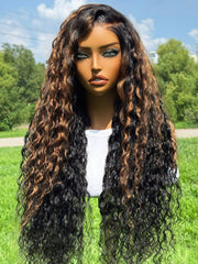 Bye-Bye Knots? 7x5 Lace Black with Caramel Piano Highlights Water Wave Wig With Invisi Drawstring 150% Density