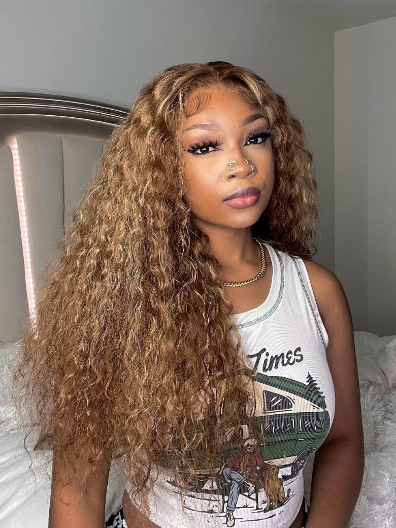 Bye-Bye Knots Wig 7x5 Glueless Lace Honey Blonde Highlights Water Wave Wig With Invisible Knots-8089