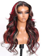 Bye Bye Knots 7x5 Glueless Lace Red Blonde Highlights Loose Wave Wig For Summer Vacation