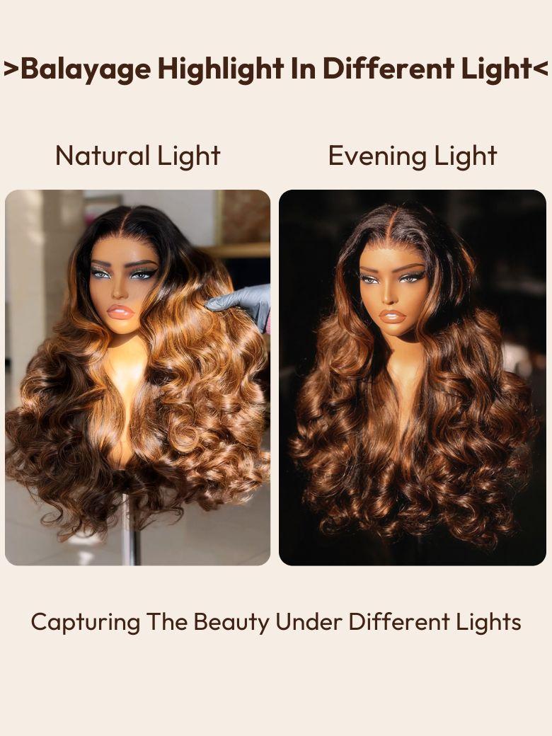 7x5 Bye Bye Knots? Wig Glueless Lace Balayage Highlight Body Wave Drawstring & Curtain Bangs Wig