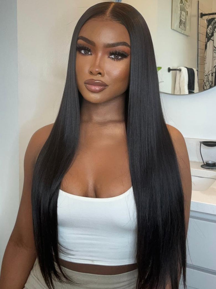 Petaluxe 13x4 Transparent Lace Frontal Black Straight Pre-Plucked Human Hair Wig